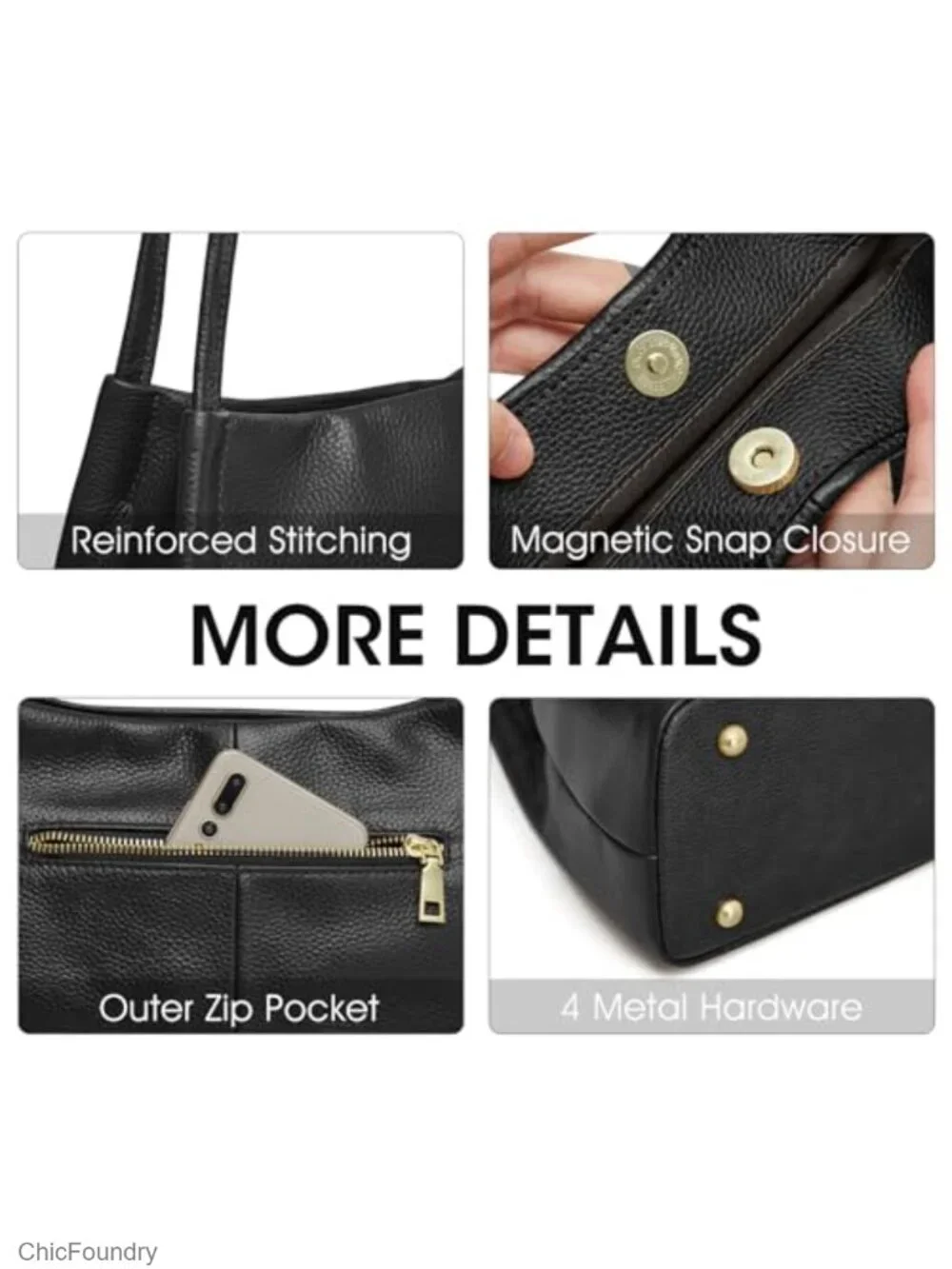 Genuine Leather Hobo Bag with Gold Hardware, 4 Pockets, Fits 7.9